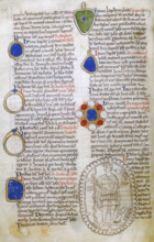 Description of the Jewels of St Albans, c 1250-1254. Text with sketches of gemstones and rings in