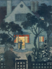 Home, 1913. A husband, back from work, is about to open the gate, while his wife stands in the