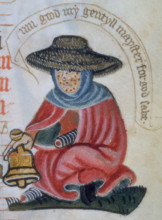 Disabled leper ringing a bell, c1400. Seated woman with leprosy wearing a wide-brimmed hat. She