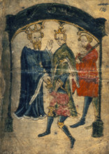 Gawain's return to court, c1375-1400. Sir Gawain presents himself to Arthur and Guinevere. From Sir