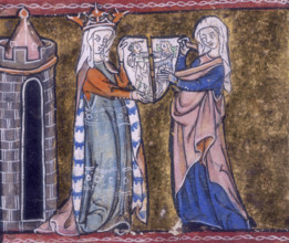 Guinevere with the cleft shield, c1316. Queen Guinevere and another woman holding two halves of a