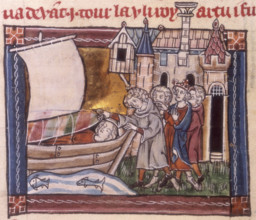 Arthur and his knights finding the dead body of Elaine, c1316. Miniature depicting King Arthur and