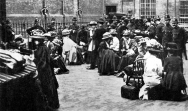 Awaiting their turn in the Police Yard at Bow Street, London, 30 June 1909. Suffragettes were