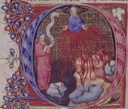 Opening of the Book of Nahum, c1405-c1415. Initial 'O' shows the prophet Nahum predicting the