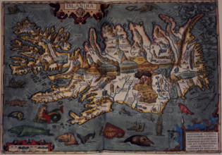 Map of Iceland, 1606. 'Islandia', with volcanos and sea monsters. From "Theatrum Orbis Terrarum",