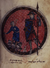 David and Goliath, c1280s. Vellum manuscript. From "North French Miscellany", by Benjamin (scribe).