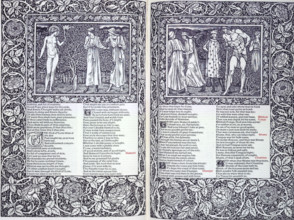 Two illustrations and text from the Canterbury Tales, 1896. The Kelmscott Chaucer, with