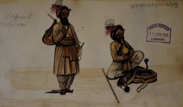 Snake charmer (a) with his bag of snakes and (b) playing to them, 1856. Inscribed: 'Serpent