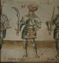 Illustration of Saladin, holding a scimitar, 15th century. Salah ad-Din Yusuf ibn Ayyub