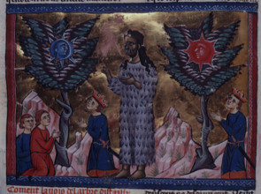 Alexander the Great standing before the oracles of the two trees sacred to the Sun and the Moon,