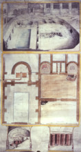 View and plans of the Roman baths at Bath, County Somerset, 1762. Remains of Roman baths at Bath,