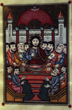 The Last Supper, 1695. Christ at a table with his disciples partaking in bread and wine. From "The