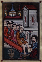 Christ in the symbolic bathing of feet, 1695. Christ washes the feet of his disciples. Vellum
