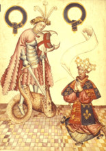 William Bruges kneeling before St George and the dragon, c1430- c1440. Portrait of Sir William