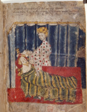 The wife of the Green Knight secretly visits Sir Gawain in his bedchamber, c1400-1410. From Sir