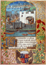 The Tower of London with London Bridge, c1500. Charles, Duke of Orleans can be seen writing inside