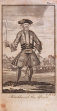 'Blackbeard the Pirate'. 1724. The engraving shows Blackbeard in costume, heavily armed and holding