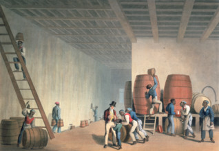 Interior of distillery with slaves loading rum barrels, Antigua,1823. Within a spacious cellar