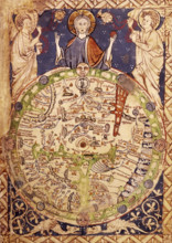 Psalter Map, c1250. A round map of the world, set in a square ornamental frame, Jerusalem being in