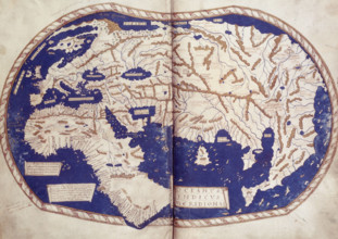 World map, 1490. Labelled and coloured, within a border.