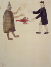 A Maori bartering a crayfish with an English naval officer. 1769. A man with facial tattoos and