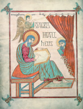 St Matthew, c700. St Matthew writes in a book; another man peers out from behind a curtain, while