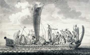 A New Zealand war canoe with sail, 1768-1780. A Maori war canoe with its crew, one of whom holds a