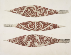 Three painted paddle blades, c1768-c1780. From "A collection of Drawings by A Buchan, S Parkinson,