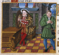 King Henry VIII with a harp, as David. On the right-hand-side is Henry's jester, William Sommers,
