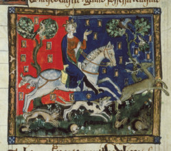 King John hunting, 14th century. The king, riding a horse and accompanied by dogs, chases a stag.