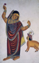 The sheep lover, 1865. An Indian courtesan wearing a sari and jewellery holds a rose in one hand