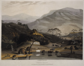'A Kaffer Village', South Africa, 1804. African village beside a river with huts and livestock.