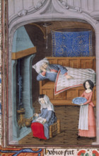 Tobit, blind in bed, attended by two women, c1479. Set in a cosy interior, one of the women sits by