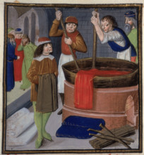 Dyers soaking red cloth in a heated barrel, 1482. Men stirring a vat of dye over a fire. From "Le