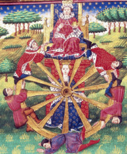 Wheel of Fortune, c1520. A king presides over the wheel with a woman representing Fortune in the