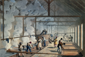 Slaves working in the boiling house, Antigua, 1823. African slaves working in a factory; probably a