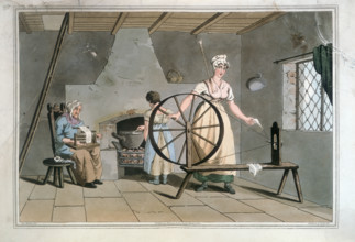 Women Spinning and Carding Wool, 1814. Within a humble interior are three women, two working with