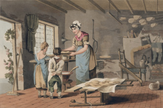 A woman making oat cakes, 1814. Interior of a kitchen or bakery with a woman and two children. Oat