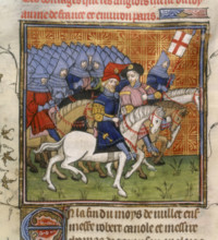The English army, on horses, with their leaders, c1375-c1400. A large army of armoured, mounted