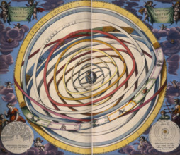 Harmonia Macrocosmica, 1660. An illustrated astrological chart, with latin text in upper two
