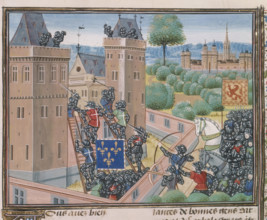 The capture of Wark Castle, c1460-c1480. An army of men all dressed in armour invade the castle. A
