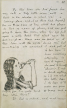 Alice about to drink from a bottle, c1862-c1864. Alice is about to drink the magic potion which