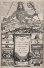 Title page to Leviathan, 1651. Huge mythological crowned figure with body made of people, weilding