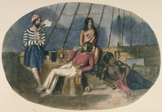 Sailors and Maoris on the deck of a ship, c1850. Two sailors, both rather piratically attired, on