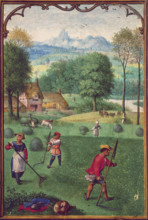 Harvesting, late 15th century. Men use scythes to cut the hay while women rake it into piles. In