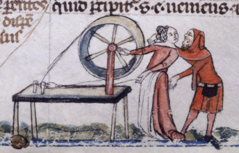 A woman being distracted from her spinning, early 14th century. A man is putting an arm around her