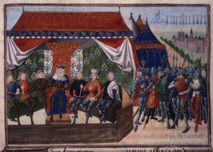 King of Hungary holding council in his tent on a battlefield, c1470-c1475. From "Chroniques de
