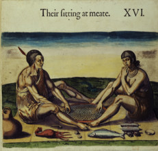 Native Americans preparing food, 1618. Two Native Americans "sitting at meate", with food including