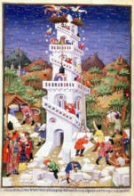 Building Tower of Babel, 1430-1440.  God coming down to see the tower and deciding to confound the