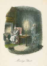 Scene from "A Christmas Carol" by Charles Dickens, 1843. The irascible, curmudgeonly Ebenezer